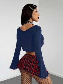 StreetHx New Halloween Black & White Hollow Out Cropped Loose Fashionable Mischievous Dark Bell Sleeve Sweater - Navy Blue - View 2