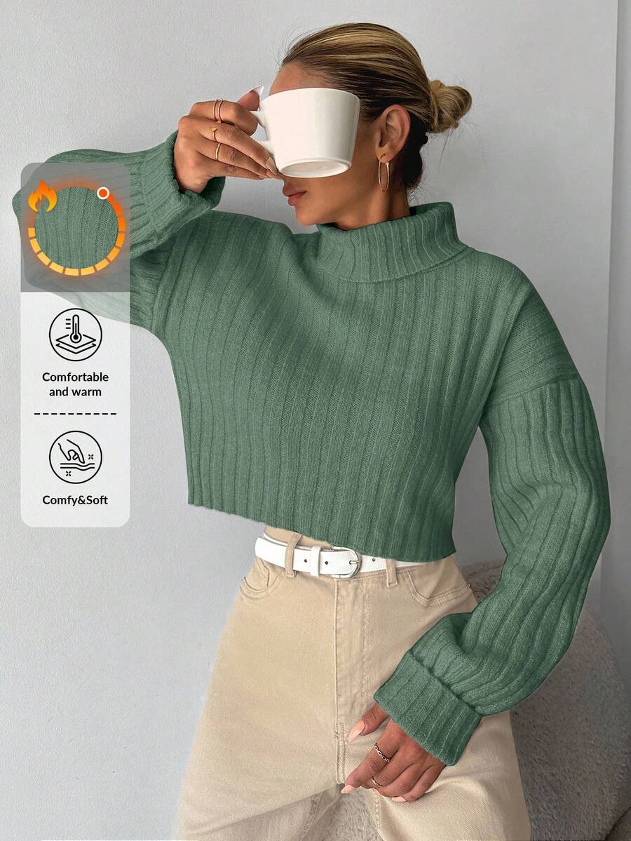 EURMUSE Turtleneck Drop Shoulder Ribbed Knit Crop Sweater - Olive Green - View 1