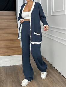 EURMUSE Women Simple Solid Color Patchwork Front Button Long Sleeve Top And Pants Two Piece Set, Casual - Navy Blue - View 5