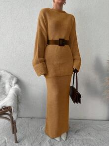 EURMUSE Drop Shoulder Sweater & Knit Skirt Without Belt - Camel - View 6