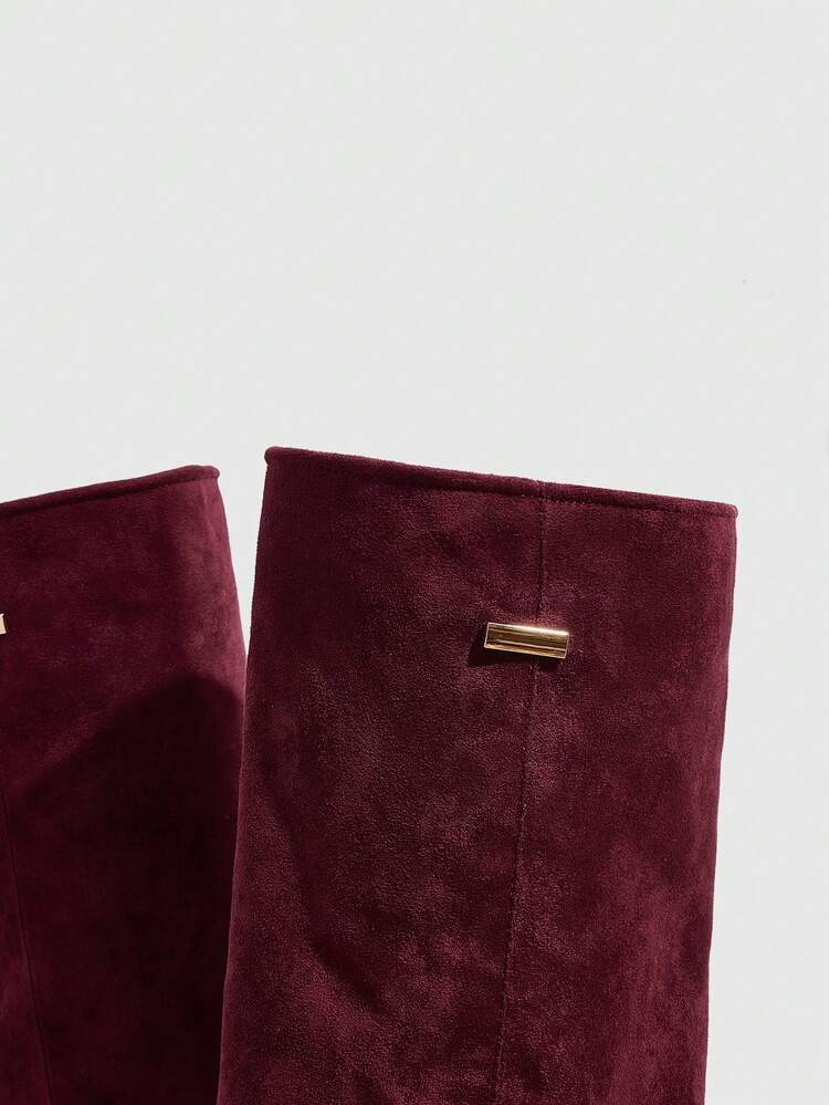 CUCCOO SZL Women's Fashion Suede Metal Decor Wide Leg Pointed Toe Stiletto Knee-High Boots For Christmas Spring Shoes