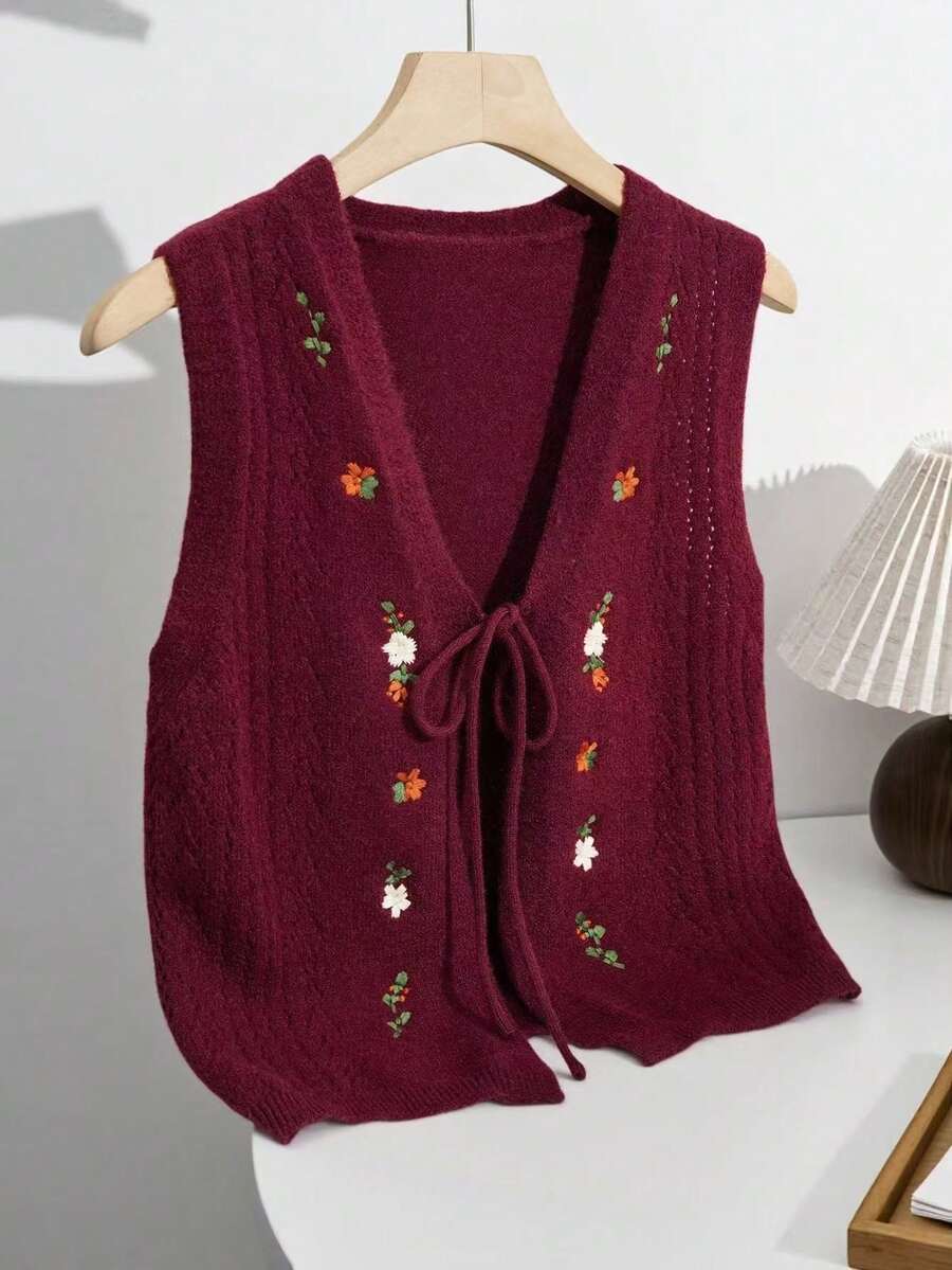 Sweetra Autumn/Winter Bowknot Strap Khaki Embroidered V-Neck Cute Retro Knit Cardigan Vest, Christmas - Burgundy - View 1