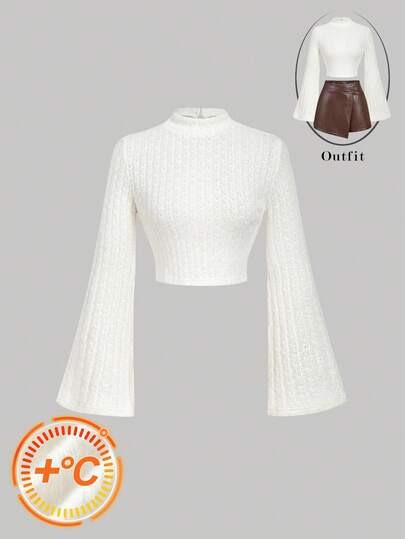 SHEIN MOD Women's Solid Color Bell Sleeve Stand Collar Blouse, Elegant Long Sleeve Cropped Top,Fall / Winter, Autumn Clothes For Women,Thanksgiving,New Year, Party,Wedding,Wedding Guest Party ,Elegant