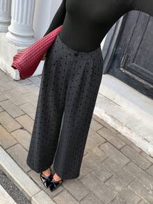 Chiquease Grey Base Black Flocked Wide Leg Casual Pants For Women, Winter Christmas New Year Thanksgiving Beach Fashion Stylish Chic Pants - Grey - View 3