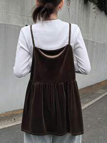 FRIFUL 女士纯棕色丝绒吊带背心，抽绳设计，宽松休闲百搭，秋冬款 - 棕色 - 查看 3