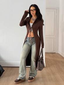 Coolane Y2K Fashion Vintage Rib Knit Flannelette Textured Lace Up Brown Long Cardigans Quần áo thu đông cho phụ nữ - màu nâu - Xem 5