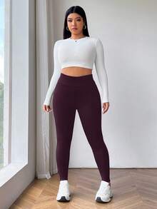 SHEIN CURVE+ Plus Size Thick Thermal Lined Black Leggings For Winter Thermal - Rusty Rose - View 4