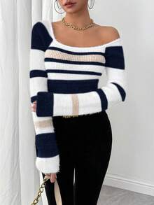 EMERY ROSE Women's Contrast Color Minimalist Pullover Sweater, Everyday Wear - Multicolor - View 5