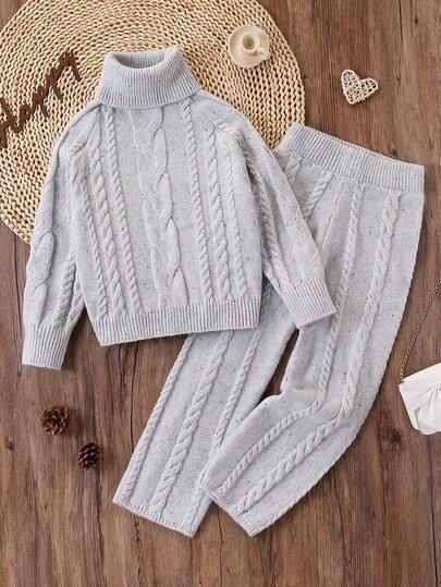 SHEIN 青少年女孩毛衣套装，包含高领毛衣、纹理针织、波尔卡圆点图案长袖毛衣和直筒针织裤，适合秋冬季休闲穿着和简约搭配