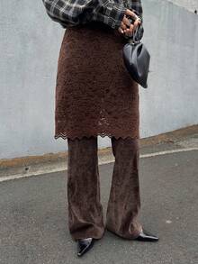 Livesso Autumn/Winter Velvet Lace Trim Flared Skirt Pants, 2 In 1 Casual/Office Elegant Brown Trousers For Women