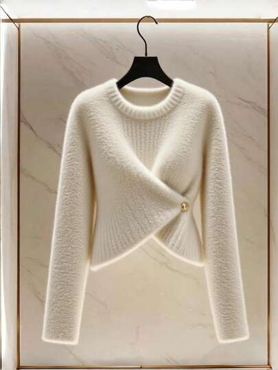 Franclia Women's Casual Solid Color Asymmetrical Hem Fluffy Knit Sweater, Autumn/Winter