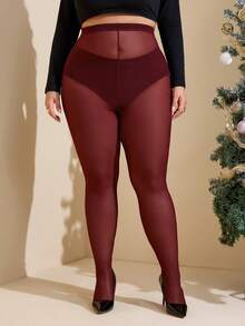 SHEIN CURVE+ Plus Size Burgundy, Cherry Red, Maroon Color Sheer Leggings, Tight Bodycon Leggings, Pantyhose, Fitted, Plain, Women's Basic, Western Women's, Summer, Tight, Easter, Spring, Mardi Gras/Mardi Gras, Valentine's Day, Valentine's Gifts, Sexy, Y2K, Fashionable, Rave, Music Festival - Red - View 5