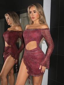 SHEIN ICON Váy ngắn trễ vai họa tiết cổ điển không đối xứng cho nữ - Màu Đỏ Sâu - Xem 5