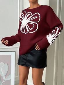 EURMUSE Women Floral Print Crew Neck Long Sleeve Simple Casual Tops, Everyday Wear - Burgundy - View 6