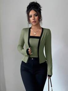 Selianne 2pcs Women Knit Patchwork Elegant Long Sleeve Top And Vest Set - Olive Green - View 3