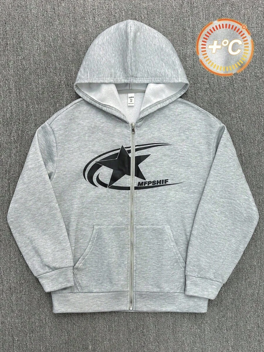 SHEIN Sudadera con capucha casual y deportiva para niños preadolescentes, 1 pieza, cómoda y versátil, cálida y muy rentable, holgada, con logo grande, patrones geométricos, bolsillo central, para otoño/invierno, adolescentes, aeropuerto, cóctel - Gris - Ver 1