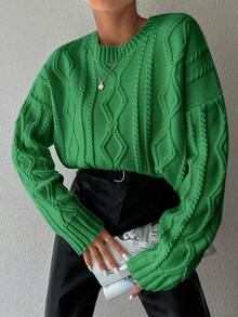 EURMUSE Women's Geometric Pattern Batwing Crewneck Loose Knit Sweater, For Autumn And Winter - Green - View 5