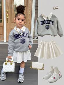 Young Girl 灰色字母图案 Polo 领卫衣和白色迷你裙两件套，学院风秋冬 - 灰色 - 查看 6