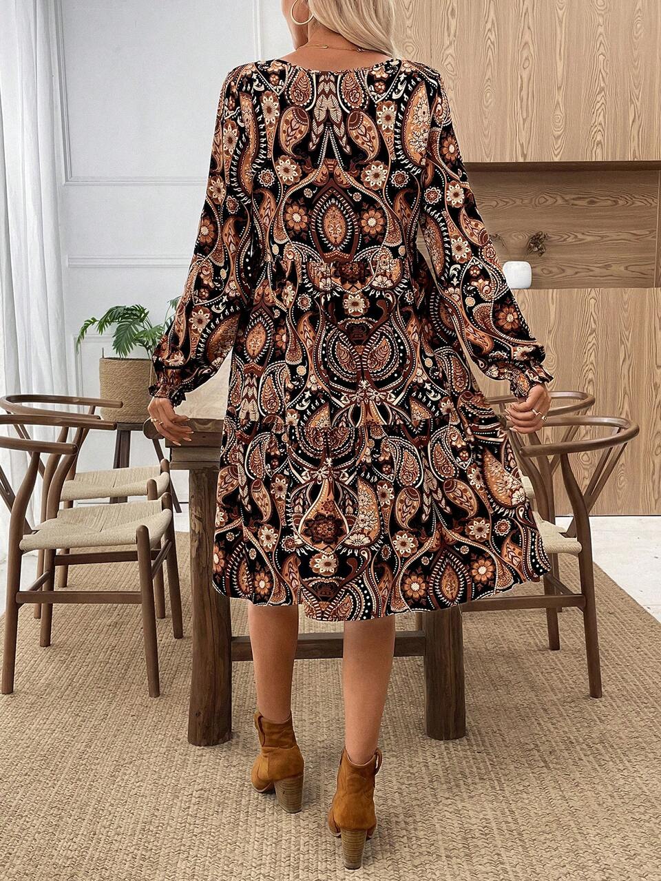 Women's Paisley Print Round Neck Long Sleeve Mid-Length Dress,Black Autumn Boho Everyday Casual One-Piece Ladies Winter Fall All-Over Print Dress