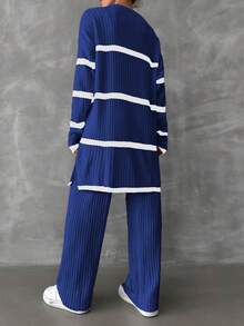 EURMUSE Women's Drop Shoulder Striped Sweater 2pcs/set - Blue - View 2