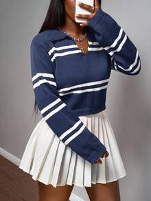 Slaydiva Áo croptop dệt kim dài tay có khóa kéo nửa sọc tương phản dành cho nữ - Màu xanh hải quân - Xem 10