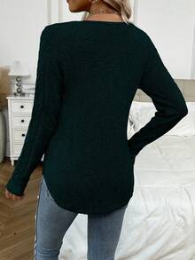 EMERY ROSE Women's Elegant Solid Color Arched Hem Round Neck Long Sleeve Sweater, Autumn/Winter - Green - View 2