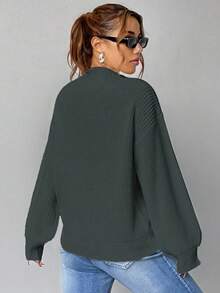 SHEIN Unity 女士休闲日常通勤落肩宽松V领毛衣，秋冬 - 灰色 - 查看 2