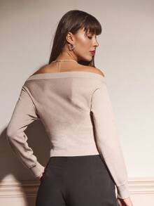 lacRébo Fine Gaunge Metallic Knit Off The Shoulder Jumper With Bow Front Detail Cute Cosy Autumn Winter - Gold - View 2
