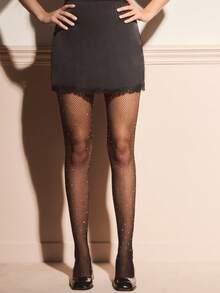 lacRébo Black Fish Net Tights Pantyhose With Dimante Embellishment Sexy Party Evening Style Spring Summer - Black - View 3