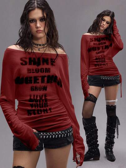 Grunge Punk ملابس علوية نسائية كتف مكشوف بأكمام طويلة مطبوع عليها صليب وحروف بطراز رومانسي بانك