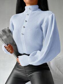 EURMUSE Pull col roulé décontracté avec boutons, automne/hiver pour femmes - Bleu ciel - Voir 4