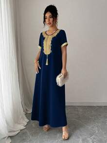 Rafferiza 女士金色蕾丝边圆领短袖流苏装饰宽松连衣裙 - 藏蓝色 - 查看 3