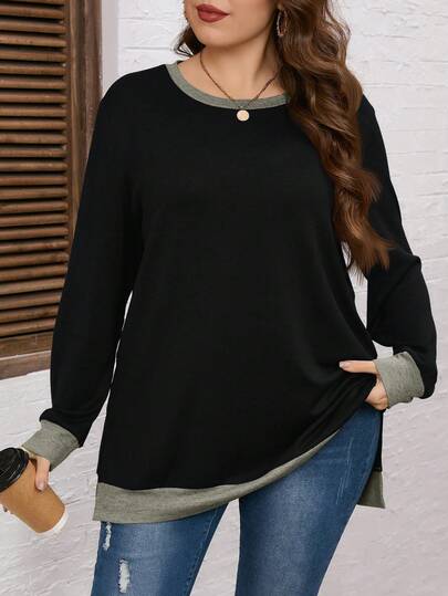 Rosumi Plus Size Women's Casual Colorblock Round Neck Long Sleeve Sweatshirt, Spring And Autumn Holiday/Winter