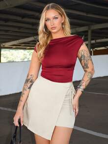 Arliah 毕业装休闲百搭吊带不规则下摆新款夏款卡其色纹理宽面料裙子女士短裙女裙女士夏装夏装下装 - 卡其色 - 查看 4