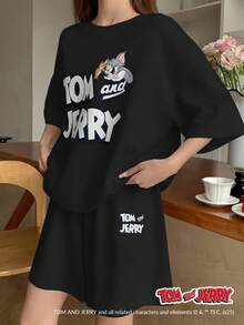 TOM AND JERRY X DAZY 女士休闲超大图案印花短袖 T 恤和短裤睡衣套装 - 黑色 - 查看 5