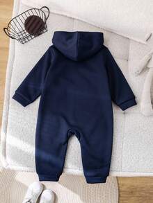 SHEIN Bộ đồ liền thân dệt kim mềm mại dày dặn màu xanh navy chải kỹ cho bé trai/bé gái có mũ trùm đầu, có khóa kéo, đa năng cho cả mặc trong nhà và ngoài trời, mùa thu/đông - Màu xanh hải quân - Xem 8