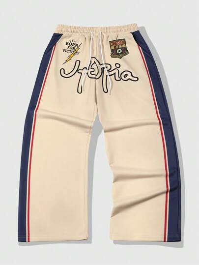 Street Life بنطلون رياضي رجالي مستقيم الساق مطبوع عليه حرف بتصميم رقعة ألوان متباينة