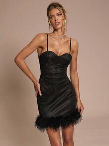 SHEIN BAE Elegantes Damen Minikleid mit Federn-Patchwork für Herbst/Winter, geeignet für Cocktailpartys, romantische Dates, Layering im Herbst/Winter, Partys, formelle Anlässe, Halloween-Kleid, Weihnachtskleid - Schwarz - Übersicht 6