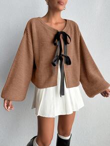 EURMUSE Women's Drop Shoulder Long Sleeve Bowknot Ribbon Thick Knit Cardigan,Petite Cardigans,Cardigans - Camel - View 3