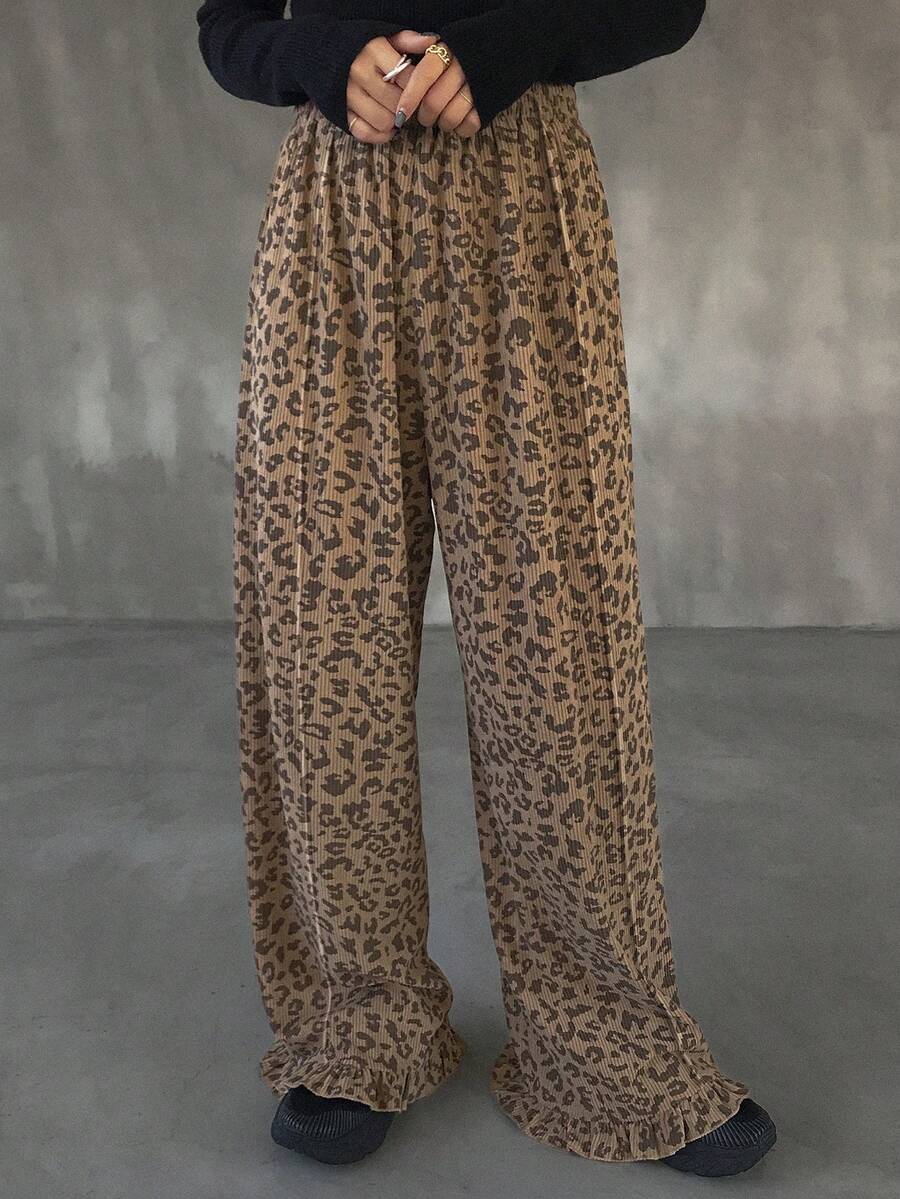FRIFUL Women's Vintage Casual Leopard Print Loose Straight Leg Pants, Autumn - Khaki - View 1