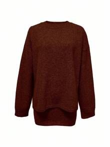 SHEIN LUNE 女士灰色针织毛衣和迷你裙套装，时尚圆领长袖 - 紅木色 - 查看 6