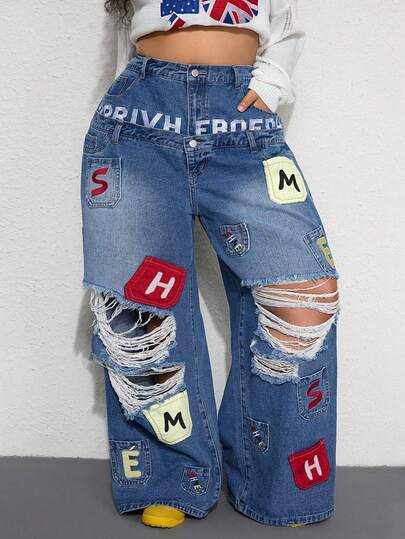 Street Life بنطلون جينز فضفاض مقاس كبير مع تصميم تطريز جيب وخصر مزدوج بطراز الشارع الكاجوال Y2K