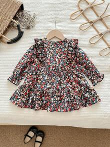 Babygirl Cute & Elegant Loose Ditsy Floral Ruffle Trim Long Sleeve Dress