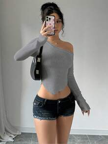 Lunelith SHEIN Lunessa Sexy Slim Asymmetric-Shoulder Women's Oblique Shoulder Long Sleeve Sweater