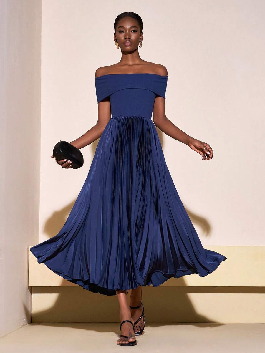 Zivah 2025秋季新款优雅宴会聚会休闲通勤连衣裙高端简约时尚露肩褶皱缎面拼布下摆连衣裙 - 藏蓝色 - 查看 1