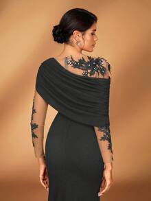 Serin 优雅浪漫奢华弹力针织撞色网纱不对称肩部鱼尾连衣裙，适合晚宴、约会、舞会、婚礼、蜜月、新娘母亲礼服、情人节等场合。 - 灰色 - 查看 2