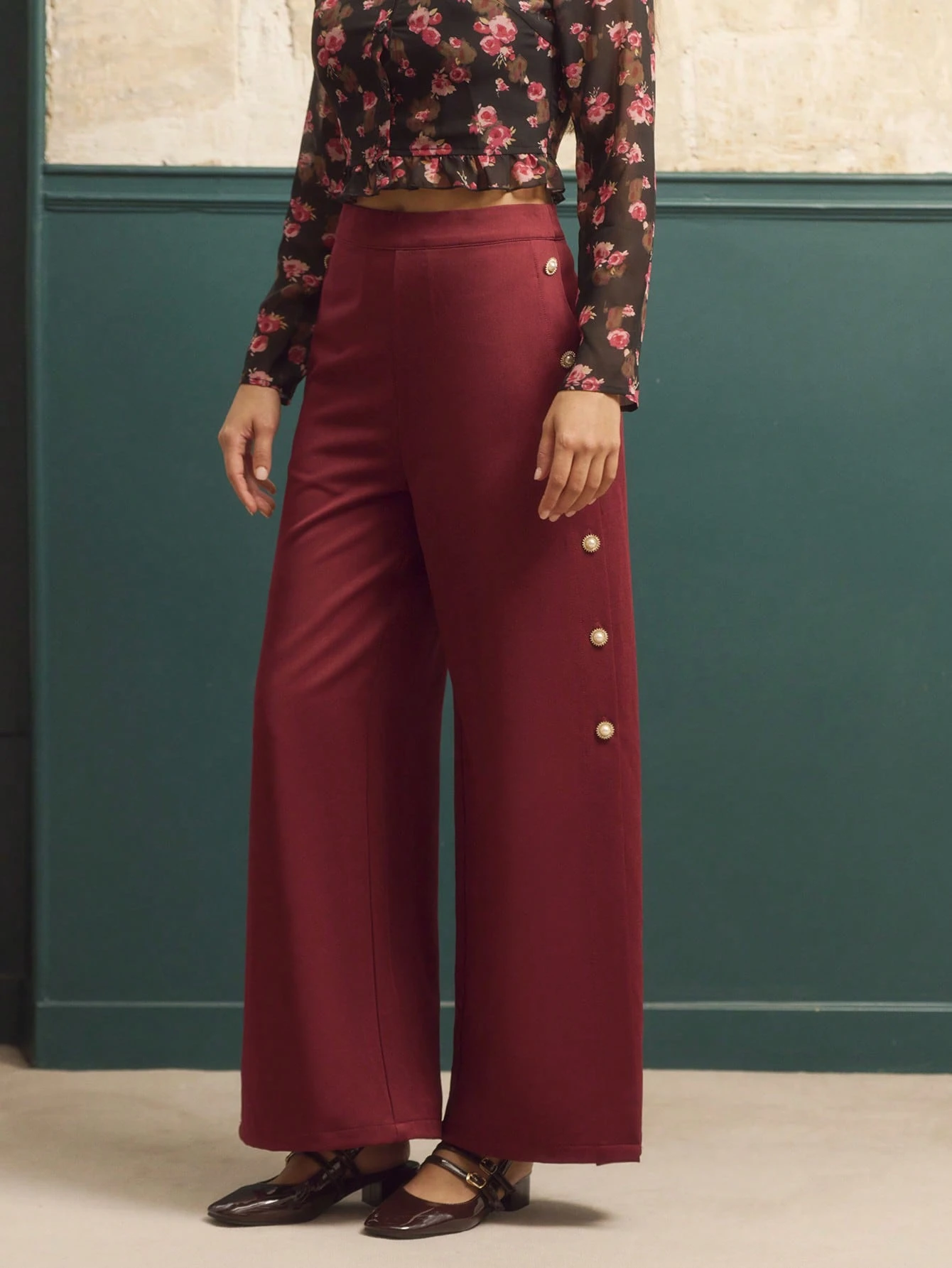 High-Waisted Wide-Leg Burgundy Pants With Gold Side Buttons And Adjustable Slits, Chic Fall-Winter Business Casual Pants Office Outfits