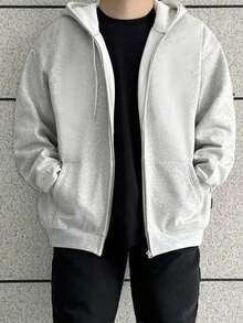 Manfinity Dauomo Plus Size Men's Solid Color Drop Shoulder Long Sleeve Zip Front Drawstring Hooded Sweatshirt, Autumn/Winter