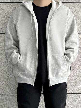 Manfinity Dauomo Plus Size Herr Enfärgad Drop Shoulder Långärmad Zip Front Dragsko Huvtröja, höst/vinter