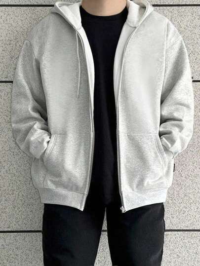 Manfinity Dauomo Plus Size Men's Solid Color Drop Shoulder Long Sleeve Zip Front Drawstring Hooded Sweatshirt, Autumn/Winter